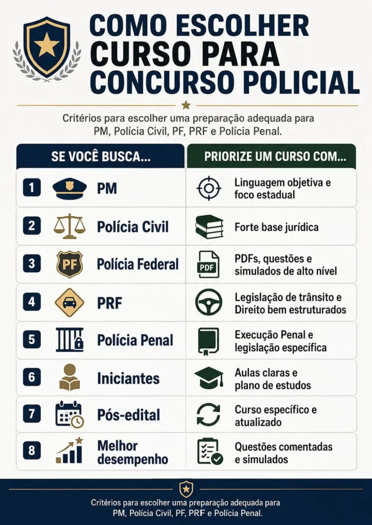 Infográfico sobre como escolher curso para concurso policial para PM, Polícia Civil, PF, PRF e Polícia Penal