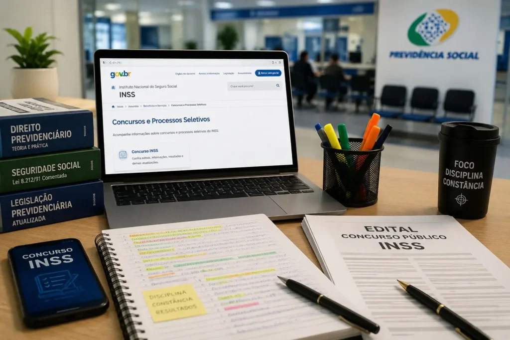 Mesa de estudos com edital do concurso do INSS, notebook e materiais de Direito Previdenciário