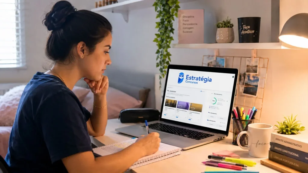 Estudante analisando a plataforma Estratégia Concursos no notebook com materiais de estudo ao redor