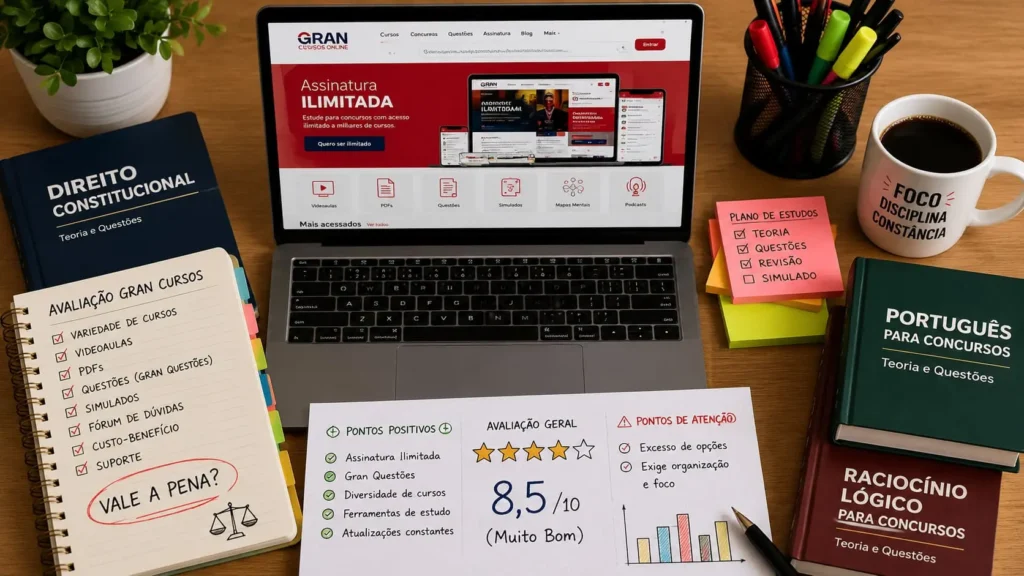 Mesa de estudos com notebook exibindo a plataforma Gran Cursos e materiais de concurso ao redor
