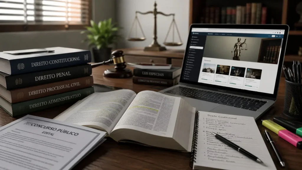 Mesa de estudos jurídica com livros de Direito, edital de concurso e notebook com curso online para carreiras jurídicas