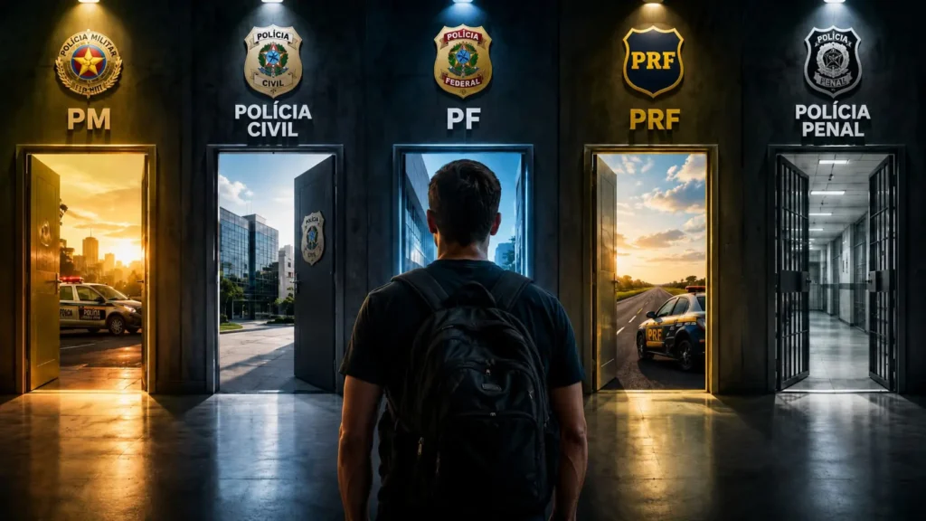 Candidato diante de caminhos para PM, Polícia Civil, PF, PRF e Polícia Penal