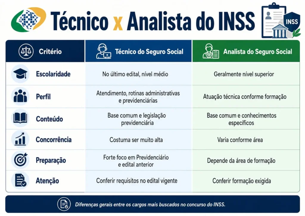 Infográfico comparando Técnico do Seguro Social e Analista do Seguro Social no concurso do INSS