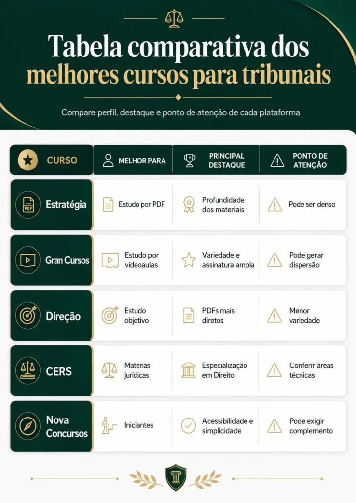 Tabela comparativa dos melhores cursos para concursos de tribunais com Estratégia, Gran Cursos, Direção, CERS e Nova Concursos