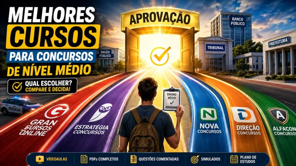 Comparação dos melhores cursos para concursos de nível médio, com Gran, Estratégia, Nova, Direção e AlfaCon