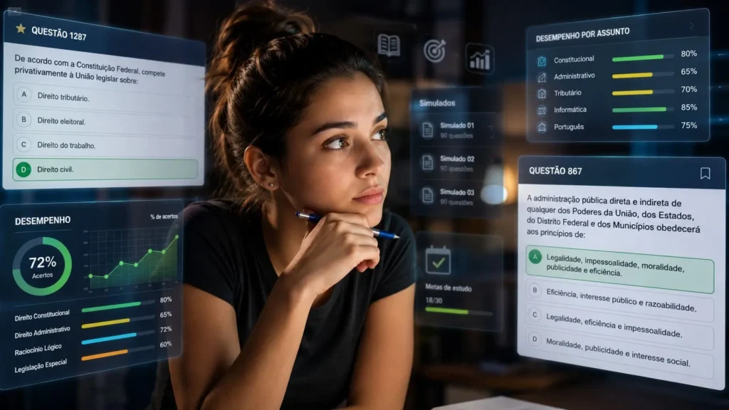 Candidata analisando questões e gráficos de desempenho para escolher plataforma de concursos