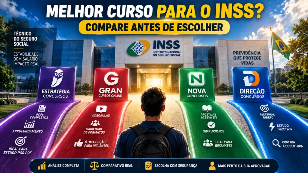 Comparação dos melhores cursos para concurso do INSS entre Estratégia, Gran, Nova e Direção